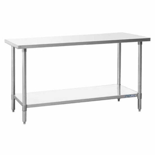 Prepline stainless steel worktable measuring 14 inches deep by 60 inches long, equipped with an undershelf for extra storage, perfect for commercial kitchen environments."