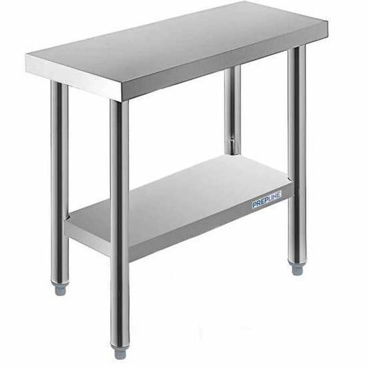 Prepline stainless steel worktable measuring 14 inches deep by 24 inches long, featuring an undershelf for additional storage, perfect for commercial kitchens and food prep areas.