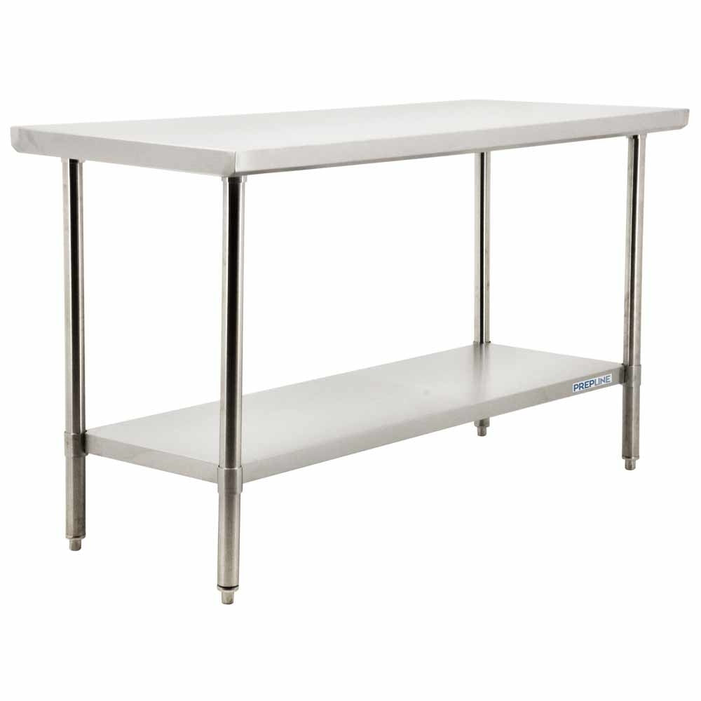 Prepline stainless steel worktable, 24 inches deep by 48 inches long, featuring a sturdy undershelf for storage, perfect for commercial kitchens and food prep.