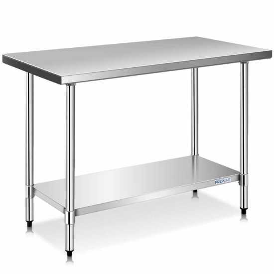 Prepline stainless steel worktable, 24 inches deep by 48 inches long, featuring a sturdy undershelf for storage, perfect for commercial kitchens and food prep.