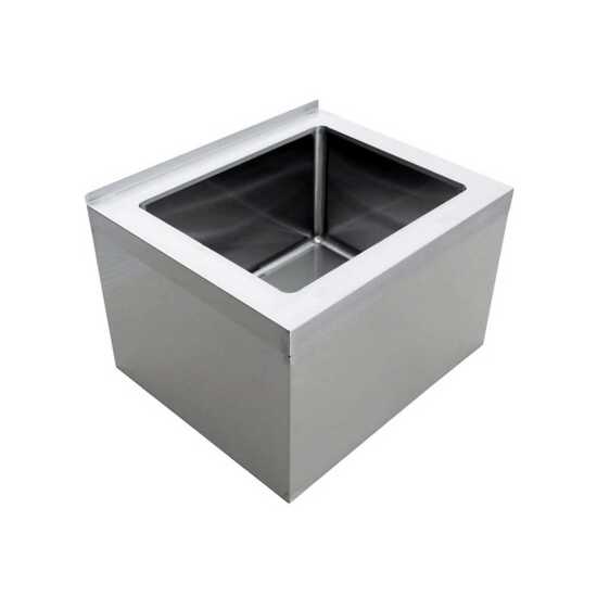 The Prepline 33" stainless steel floor mop sink features robust construction with a spacious 28" x 20" x 12" bowl, offering a practical solution for efficient cleaning and hygiene maintenance in commercial kitchens.