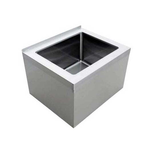 The Prepline 33" stainless steel floor mop sink features robust construction with a spacious 28" x 20" x 12" bowl, offering a practical solution for efficient cleaning and hygiene maintenance in commercial kitchens.