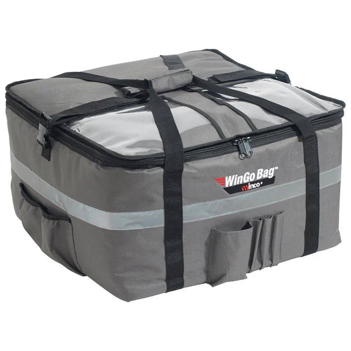 (Small 6/Pack, Medium 6/Pack, Large 4/Pack, X-Large 4/Pack) Premium Catering Bag is ideal for pizza boxes, food pans, and more. It will maintain the temperature for up to 45 minutes maximizing the delivery range. This catering bag features a transport strap made for a bike or scooter. The built-in rubber feet are great for long-lasting durability. Multiple heavy-duty carry straps are attached to stabilize the deliveries.