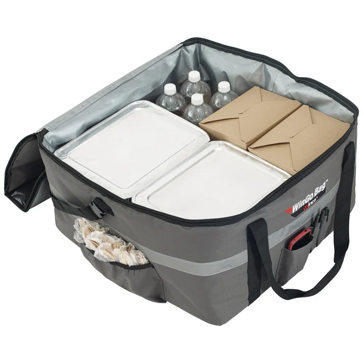 (Small 6/Pack, Medium 6/Pack, Large 4/Pack, X-Large 4/Pack) Premium Catering Bag is ideal for pizza boxes, food pans, and more. It will maintain the temperature for up to 45 minutes maximizing the delivery range. This catering bag features a transport strap made for a bike or scooter. The built-in rubber feet are great for long-lasting durability. Multiple heavy-duty carry straps are attached to stabilize the deliveries.