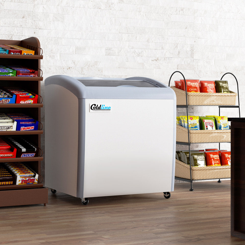Coldline XS160 26" Curved Glass Top Ice Cream Freezer with LED, 6 cu. ft., designed for elegant display and efficient storage of frozen treats. Features a curved glass top and LED lighting for enhanced visibility and appeal.