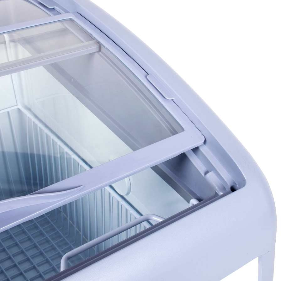 Coldline XS160 26" Curved Glass Top Ice Cream Freezer with LED, 6 cu. ft., designed for elegant display and efficient storage of frozen treats. Features a curved glass top and LED lighting for enhanced visibility and appeal.