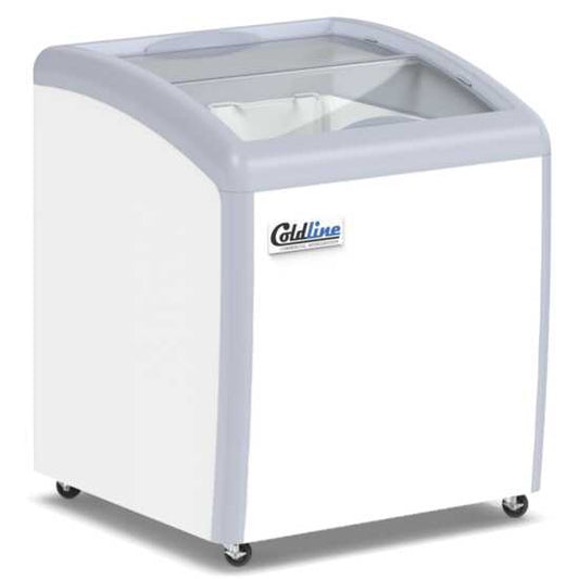 Coldline XS160 26" Curved Glass Top Ice Cream Freezer with LED, 6 cu. ft., designed for elegant display and efficient storage of frozen treats. Features a curved glass top and LED lighting for enhanced visibility and appeal.