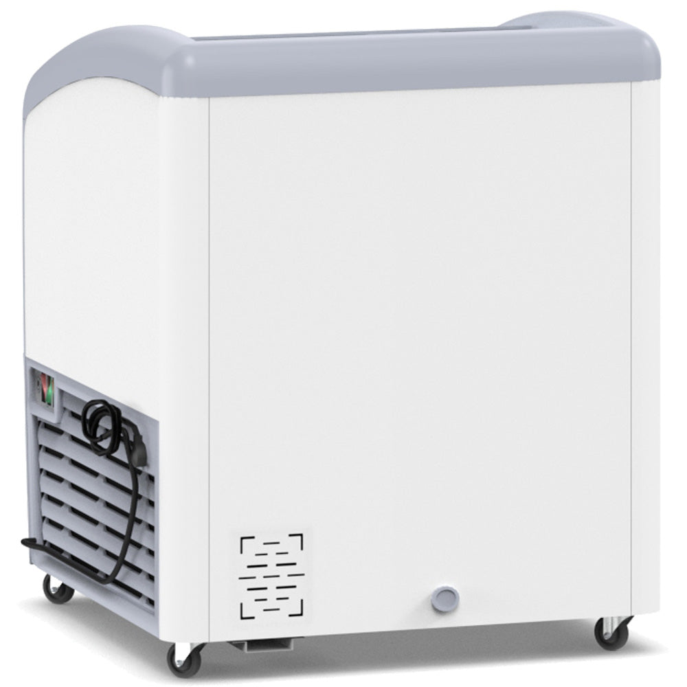 Coldline XS160 26" Curved Glass Top Ice Cream Freezer with LED, 6 cu. ft., designed for elegant display and efficient storage of frozen treats. Features a curved glass top and LED lighting for enhanced visibility and appeal.