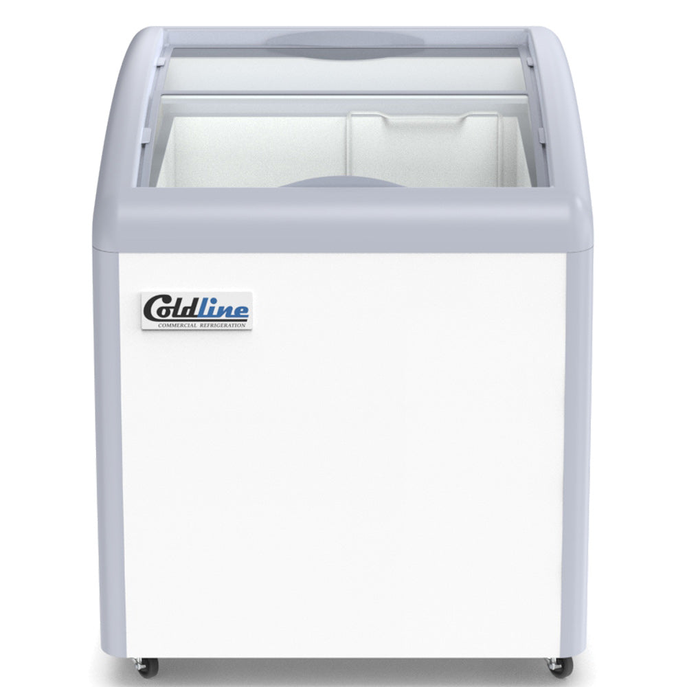 Coldline XS160 26" Curved Glass Top Ice Cream Freezer with LED, 6 cu. ft., designed for elegant display and efficient storage of frozen treats. Features a curved glass top and LED lighting for enhanced visibility and appeal.
