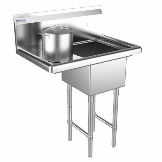 The Prepline 28" stainless steel one-compartment commercial sink with a right drainboard and a 14" x 16" bowl provides a reliable and efficient solution for food preparation and cleaning in busy commercial kitchens.