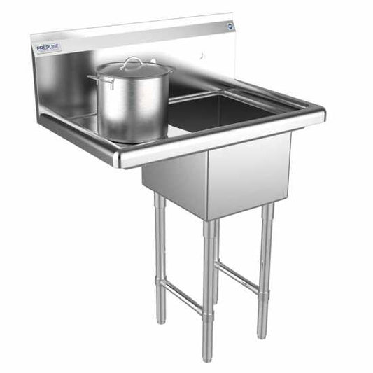 The Prepline 28" stainless steel one-compartment commercial sink with a right drainboard and a 14" x 16" bowl provides a reliable and efficient solution for food preparation and cleaning in busy commercial kitchens.