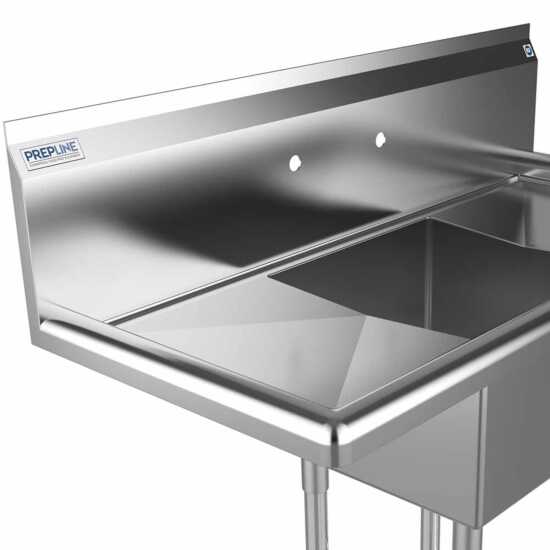 The Prepline 38" stainless steel one-compartment commercial sink features both left and right drainboards and a 14" x 16" bowl, providing a versatile and efficient solution for cleaning in commercial kitchens.