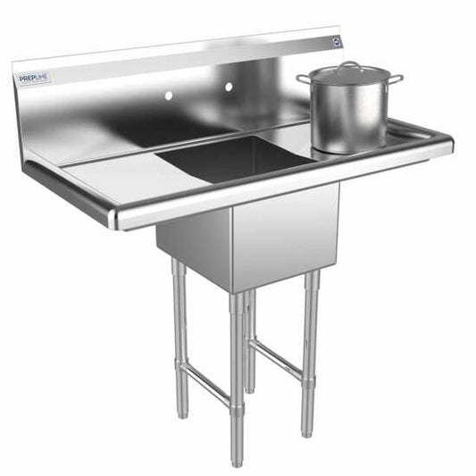 The Prepline 38" stainless steel one-compartment commercial sink features both left and right drainboards and a 14" x 16" bowl, providing a versatile and efficient solution for cleaning in commercial kitchens.