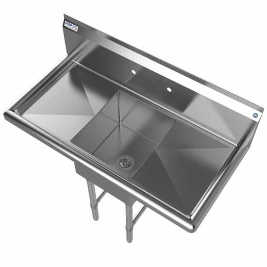 The Prepline 38" stainless steel one-compartment commercial sink features both left and right drainboards and a 14" x 16" bowl, providing a versatile and efficient solution for cleaning in commercial kitchens.