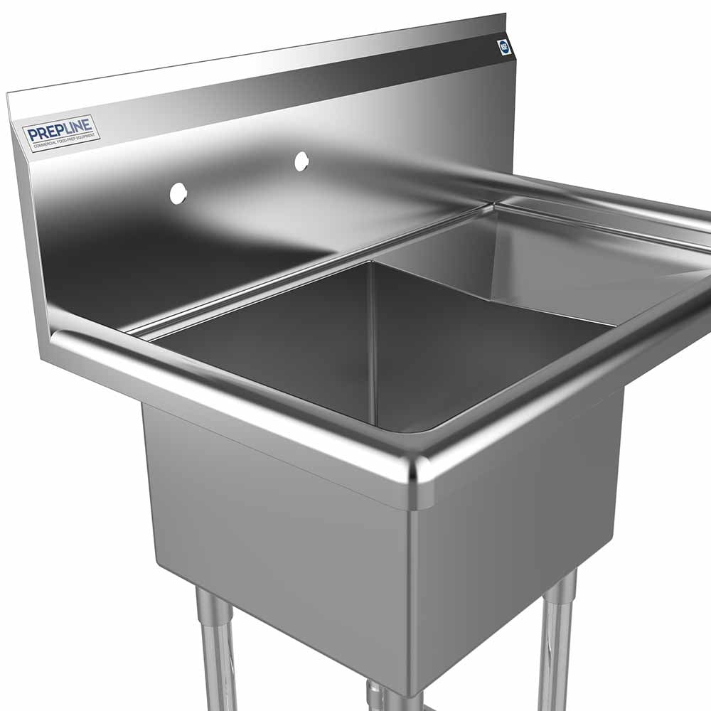 The Prepline 28" stainless steel one-compartment commercial sink features a right drainboard and a 14" x 16" bowl, providing a practical and efficient solution for food prep and cleaning in commercial kitchens.