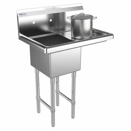The Prepline 28" stainless steel one-compartment commercial sink features a right drainboard and a 14" x 16" bowl, providing a practical and efficient solution for food prep and cleaning in commercial kitchens.