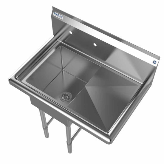 The Prepline 28" stainless steel one-compartment commercial sink features a right drainboard and a 14" x 16" bowl, providing a practical and efficient solution for food prep and cleaning in commercial kitchens.