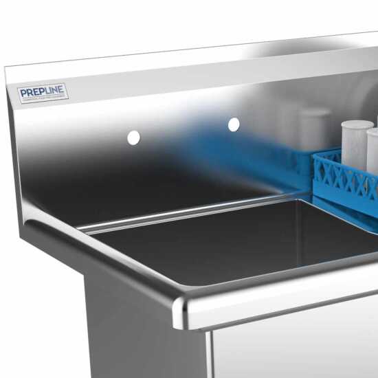 The Prepline 38" stainless steel one-compartment commercial sink with a right drainboard and 18" x 18" bowl offers a durable, spacious solution for food prep and cleaning in busy commercial kitchens.