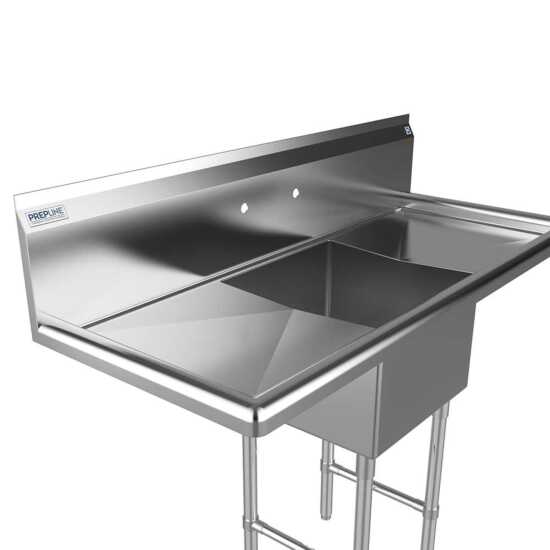 The Prepline 54" stainless steel one-compartment commercial sink with both left and right drainboards and an 18" x 18" bowl provides a spacious, efficient cleaning solution for busy commercial kitchens.