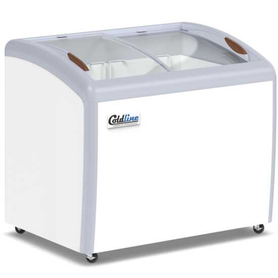 Coldline XS260 39" Curved Glass Ice Cream Freezer with LED Lighting, 10 cu. ft., combines ample storage with a stylish curved glass top and LED lights for optimal visibility and attractive presentation of frozen desserts.