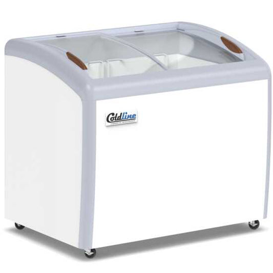 Coldline XS260 39" Curved Glass Ice Cream Freezer with LED Lighting, 10 cu. ft., combines ample storage with a stylish curved glass top and LED lights for optimal visibility and attractive presentation of frozen desserts.