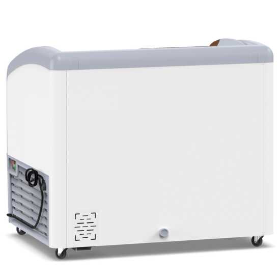 Coldline XS260 39" Curved Glass Ice Cream Freezer with LED Lighting, 10 cu. ft., combines ample storage with a stylish curved glass top and LED lights for optimal visibility and attractive presentation of frozen desserts.