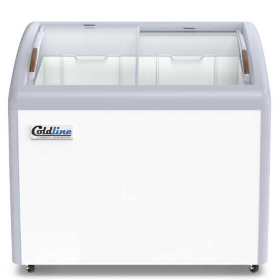 Coldline XS260 39" Curved Glass Ice Cream Freezer with LED Lighting, 10 cu. ft., combines ample storage with a stylish curved glass top and LED lights for optimal visibility and attractive presentation of frozen desserts.