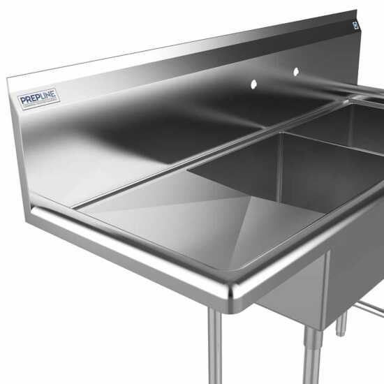 The Prepline 42" stainless steel two-compartment commercial sink with a left drainboard and 14" x 16" bowls provides a durable, efficient solution for washing and food prep in busy commercial kitchens.