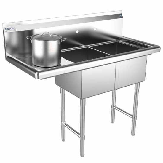 The Prepline 42" stainless steel two-compartment commercial sink with a left drainboard and 14" x 16" bowls provides a durable, efficient solution for washing and food prep in busy commercial kitchens.