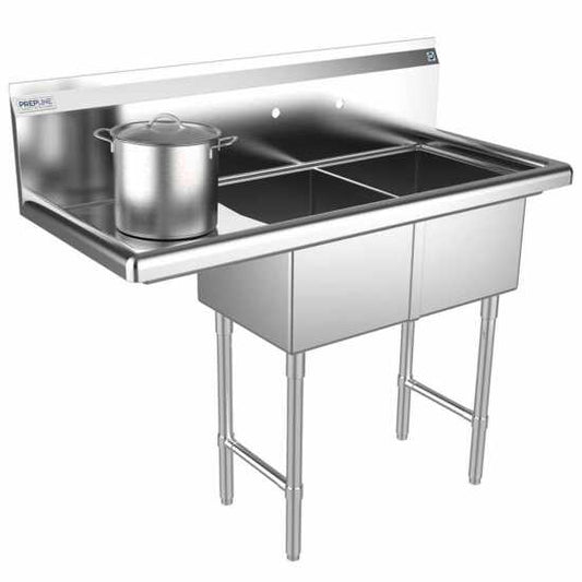 The Prepline 42" stainless steel two-compartment commercial sink with a left drainboard and 14" x 16" bowls provides a durable, efficient solution for washing and food prep in busy commercial kitchens.