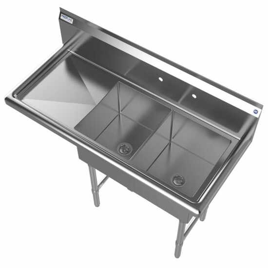 The Prepline 42" stainless steel two-compartment commercial sink with a left drainboard and 14" x 16" bowls provides a durable, efficient solution for washing and food prep in busy commercial kitchens.