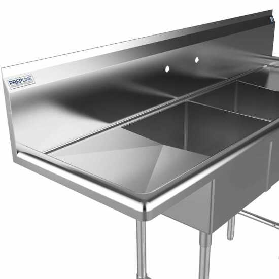 The Prepline 52" stainless steel two-compartment commercial sink features both left and right drainboards and 14" x 16" bowls, providing a spacious and efficient solution for food prep and washing in commercial kitchens.