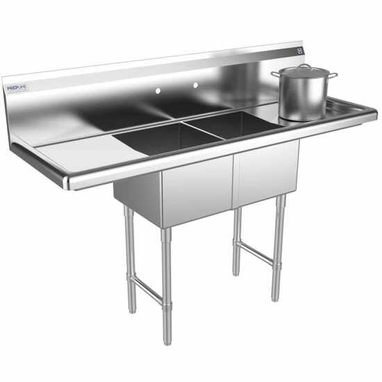 The Prepline 52" stainless steel two-compartment commercial sink features both left and right drainboards and 14" x 16" bowls, providing a spacious and efficient solution for food prep and washing in commercial kitchens.
