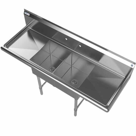 The Prepline 52" stainless steel two-compartment commercial sink features both left and right drainboards and 14" x 16" bowls, providing a spacious and efficient solution for food prep and washing in commercial kitchens.