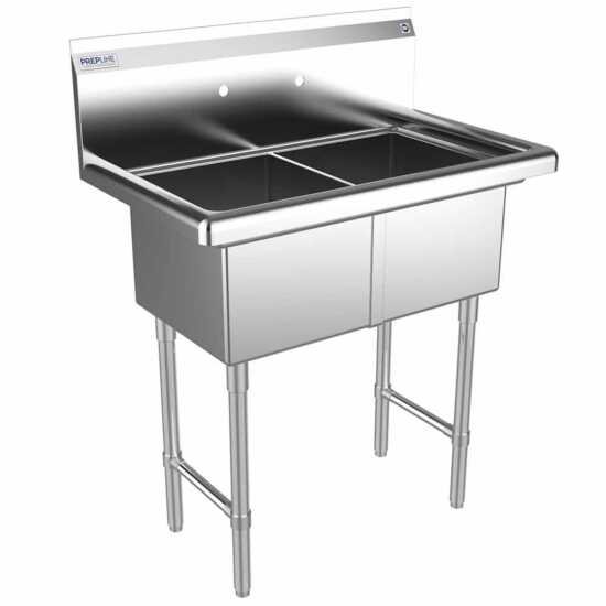 The Prepline 33" stainless steel two-compartment commercial sink with 14" x 16" bowls offers an efficient and durable solution for washing and food prep tasks in high-traffic commercial kitchens.