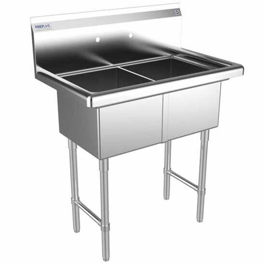 The Prepline 33" stainless steel two-compartment commercial sink with 14" x 16" bowls offers an efficient and durable solution for washing and food prep tasks in high-traffic commercial kitchens.