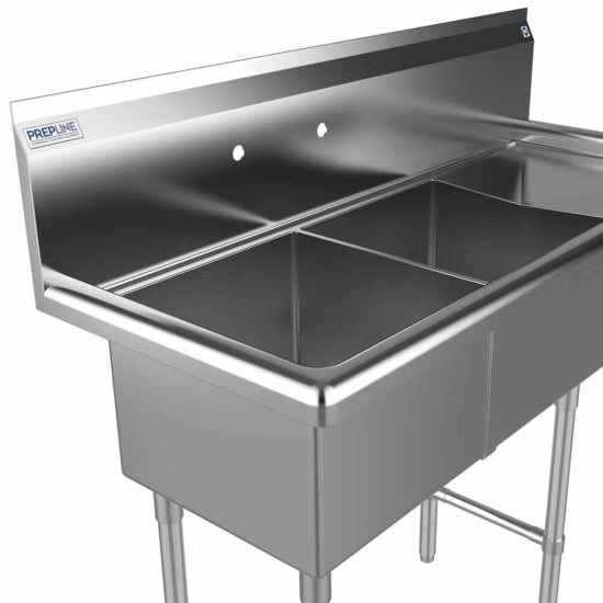 Prepline 42" stainless steel two-compartment commercial sink with 14" x 16" bowls and a right drainboard. Durable and versatile, it's perfect for washing and prepping in busy kitchens, ensuring efficiency and hygiene in commercial settings.
