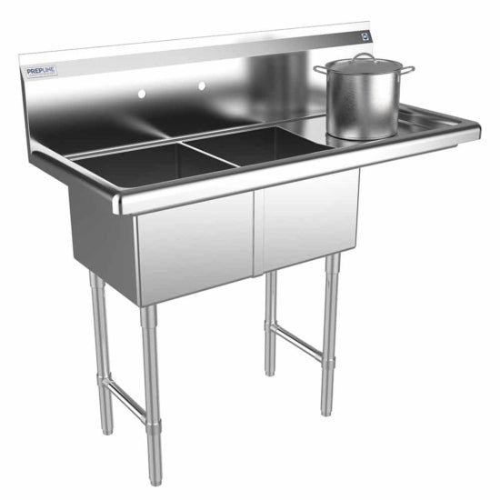 Prepline 42" stainless steel two-compartment commercial sink with 14" x 16" bowls and a right drainboard. Durable and versatile, it's perfect for washing and prepping in busy kitchens, ensuring efficiency and hygiene in commercial settings.