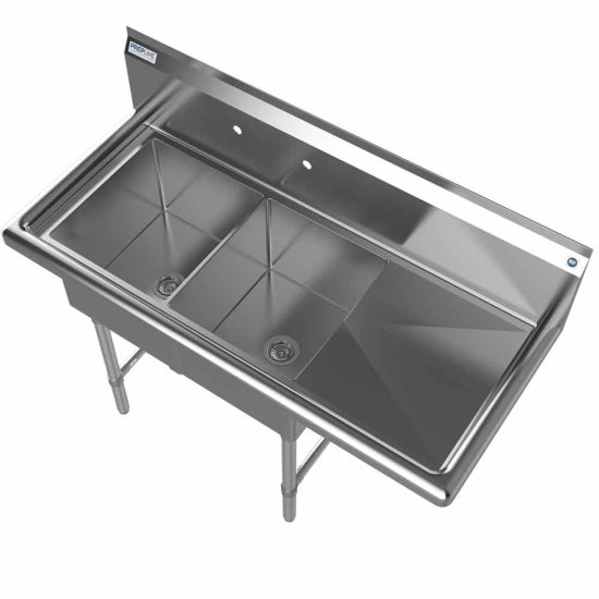 Prepline 42" stainless steel two-compartment commercial sink with 14" x 16" bowls and a right drainboard. Durable and versatile, it's perfect for washing and prepping in busy kitchens, ensuring efficiency and hygiene in commercial settings.