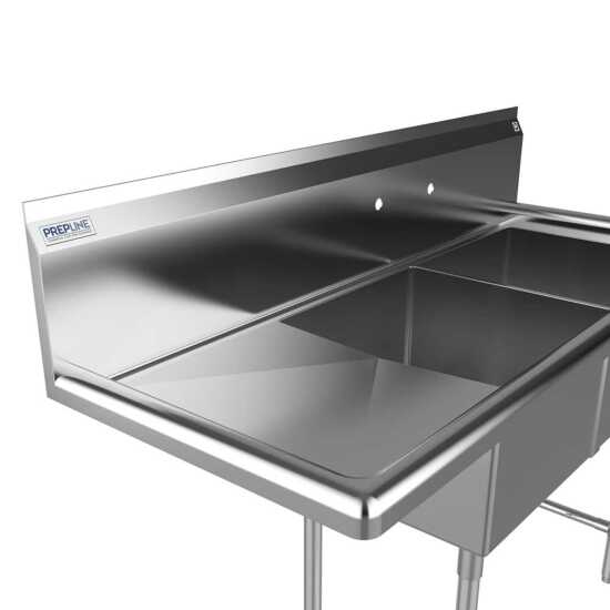 The Prepline 56" stainless steel two-compartment commercial sink with a left drainboard and 18" x 18" bowls offers a durable and efficient solution for washing and food preparation in busy commercial kitchens.