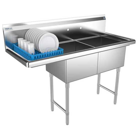 The Prepline 56" stainless steel two-compartment commercial sink with a left drainboard and 18" x 18" bowls offers a durable and efficient solution for washing and food preparation in busy commercial kitchens.