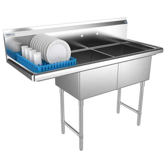 The Prepline 56" stainless steel two-compartment commercial sink with a left drainboard and 18" x 18" bowls offers a durable and efficient solution for washing and food preparation in busy commercial kitchens.