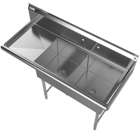 The Prepline 56" stainless steel two-compartment commercial sink with a left drainboard and 18" x 18" bowls offers a durable and efficient solution for washing and food preparation in busy commercial kitchens.