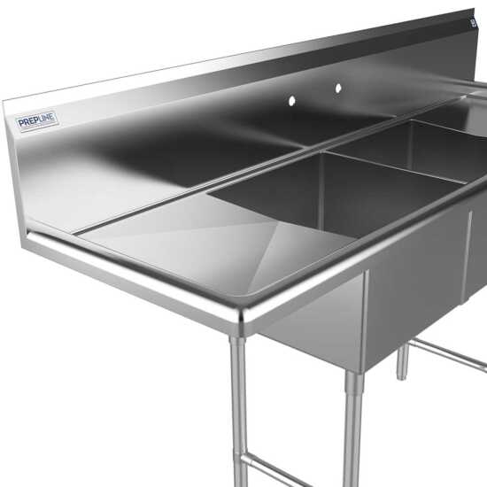 The Prepline 72" stainless steel two-compartment commercial sink features both left and right drainboards and 18" x 18" bowls, offering a spacious and efficient solution for food preparation and washing in commercial kitchens.