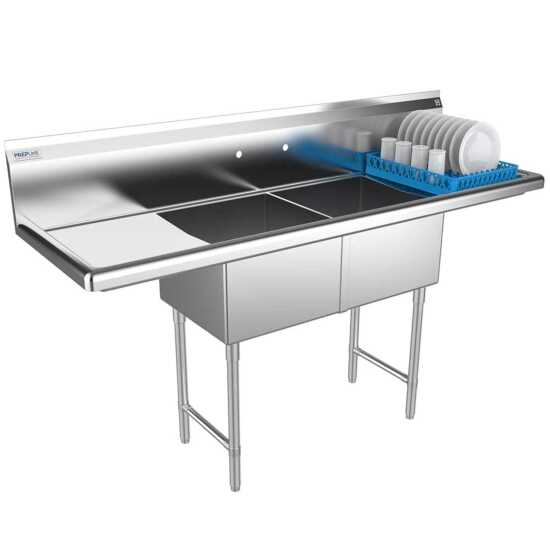 The Prepline 72" stainless steel two-compartment commercial sink features both left and right drainboards and 18" x 18" bowls, offering a spacious and efficient solution for food preparation and washing in commercial kitchens.