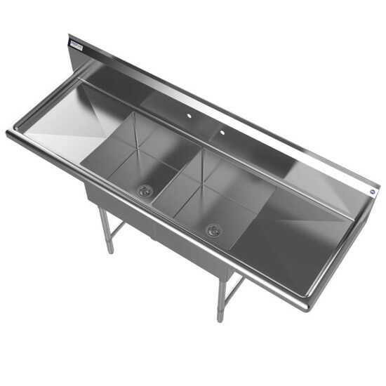The Prepline 72" stainless steel two-compartment commercial sink features both left and right drainboards and 18" x 18" bowls, offering a spacious and efficient solution for food preparation and washing in commercial kitchens.