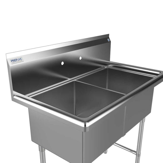 Prepline 42" stainless steel two-compartment commercial sink with spacious 18" x 18" bowls. Designed for heavy-duty use in commercial kitchens, it ensures durability, ample space for washing, and efficient workflow in food preparation and cleaning tasks.