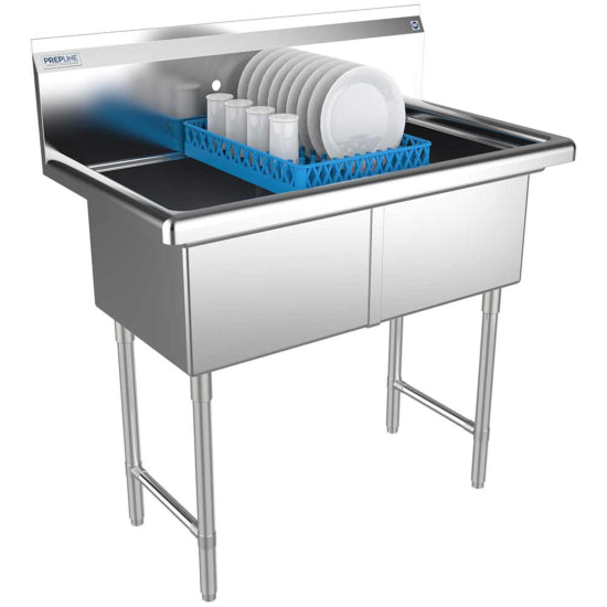Prepline 42" stainless steel two-compartment commercial sink with spacious 18" x 18" bowls. Designed for heavy-duty use in commercial kitchens, it ensures durability, ample space for washing, and efficient workflow in food preparation and cleaning tasks.