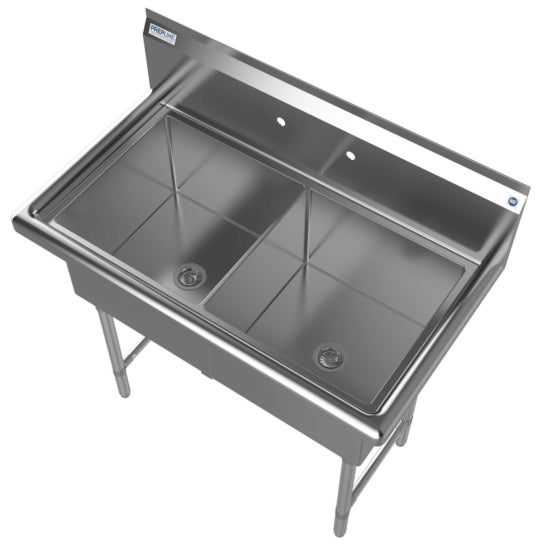 Prepline 42" stainless steel two-compartment commercial sink with spacious 18" x 18" bowls. Designed for heavy-duty use in commercial kitchens, it ensures durability, ample space for washing, and efficient workflow in food preparation and cleaning tasks.