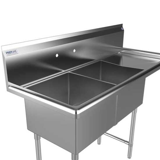 The Prepline 62" stainless steel two-compartment commercial sink with a right drainboard and 18" x 18" bowls provides a spacious and durable solution for efficient washing and food preparation in commercial kitchens.